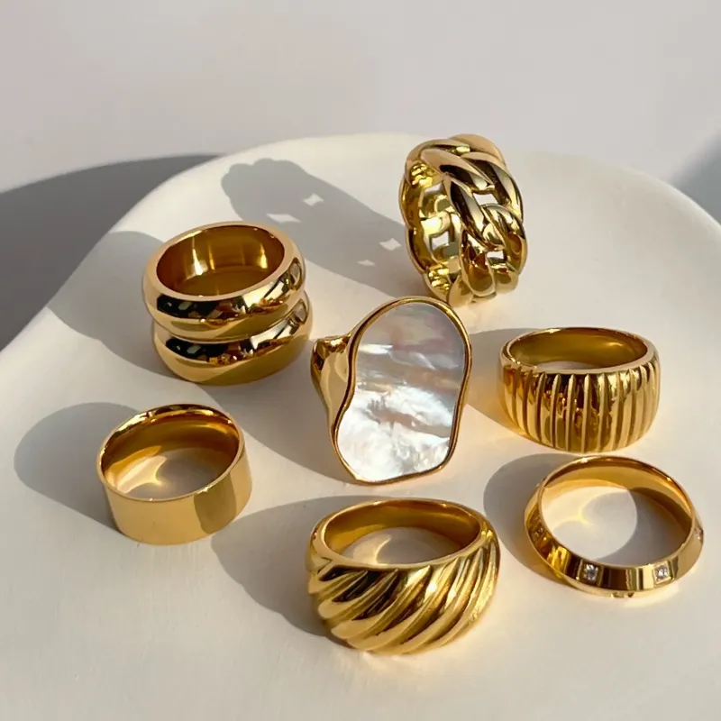 Gorące wyprzedaże Croissant Chunky Rings dla kobiet Kolor Złoty Pozłacany Szeroki Błyszczący Pierścień Ze Stali Nierdzewnej Nieregularna Muszla Biżuteria Do Układania_voghion.com