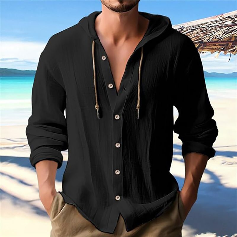 Maglietta casual a maniche lunghe con cappuccio e coulisse in cotone e lino, tinta unita, da uomo, alla moda, da abbinare a qualsiasi outfit, da spiaggia_voghion.com