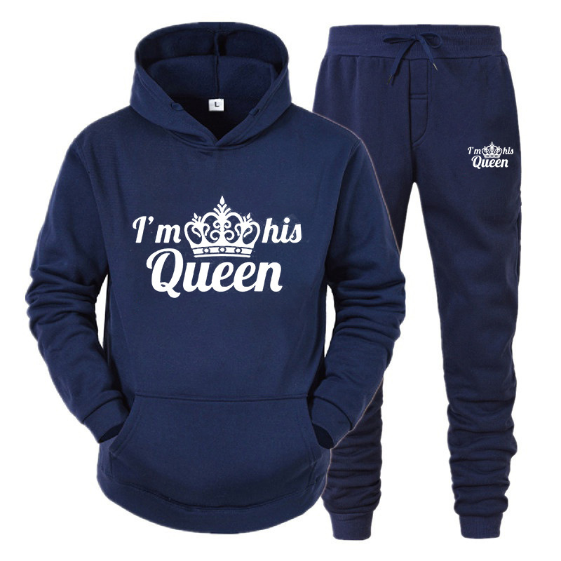 Set da donna con cappuccio KING QUEEN per coppie maschili e femminili, tuta sportiva casual, set di due pezzi_voghion.com