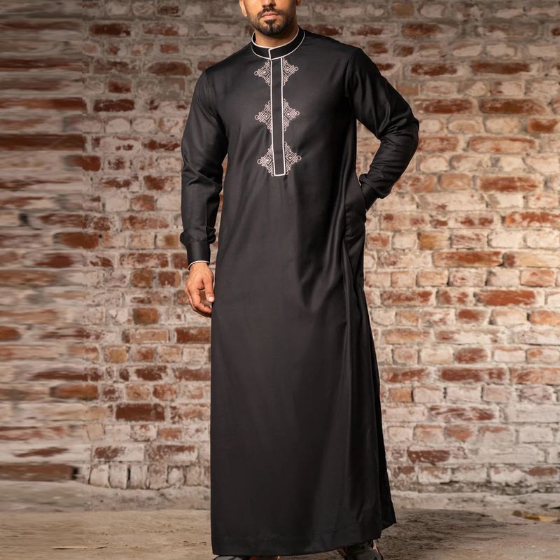 Herrenbekleidung Muslimische Robe im ethnischen Stil mit langen Ärmeln und Stickerei_voghion.com