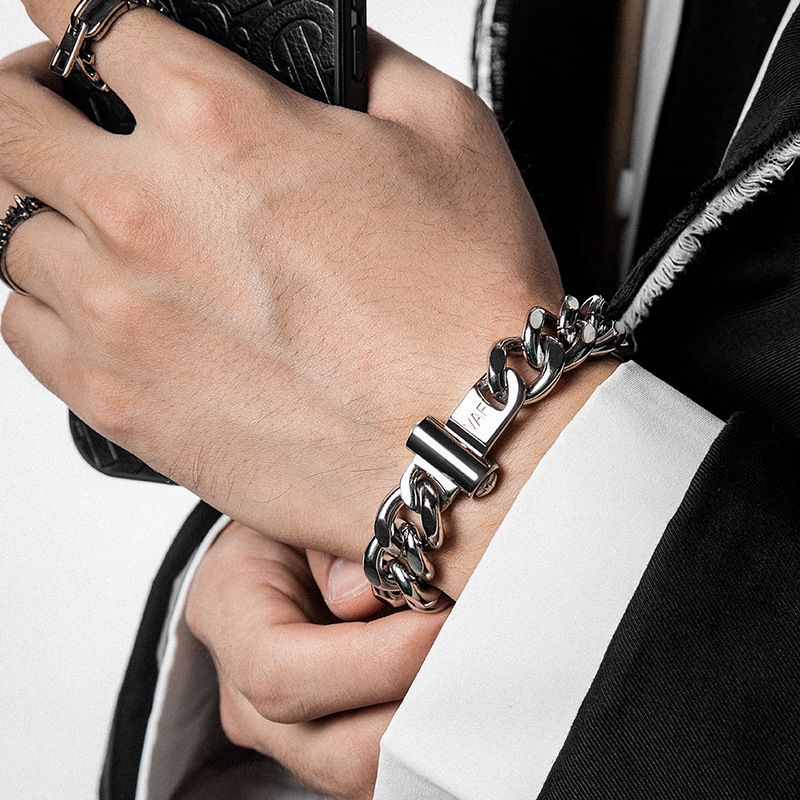 Straight Light Luxury Titanium Steel Cuban Bracelet For Men 3D Ins Hip-Hop Niche Design Thick Couple Trendy Brand_voghion.com