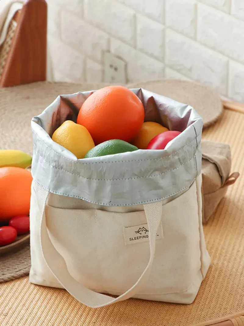 Drawstring Canvas Insulated Lunch Bag Thicken Aluminium Foil Thermal Bento Box Tote Cooler Handbags For Office Outdoor_voghion.com