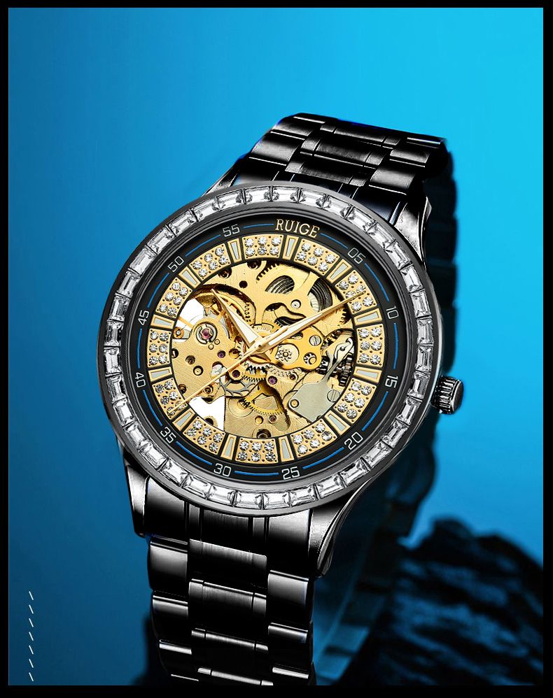 Reloj mecánico automático de lujo RUIGE para hombre, de acero inoxidable, con incrustaciones de diamantes, hueco, con brillo nocturno, resistente al agua, moderno._voghion.com