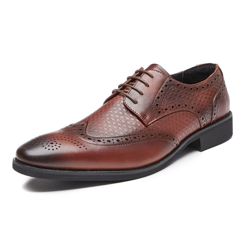 Euro Step Top Layer Cowhide Handmade New Brogue Carved Business Formal Leather Men's Pointed Toe Youth Derby Shoes Trendy_voghion.com