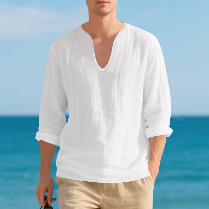 Maglietta a maniche lunghe da uomo in lino, casual, traspirante, con scollo a V, taglia grande, nuova collezione autunno-inverno_voghion.com