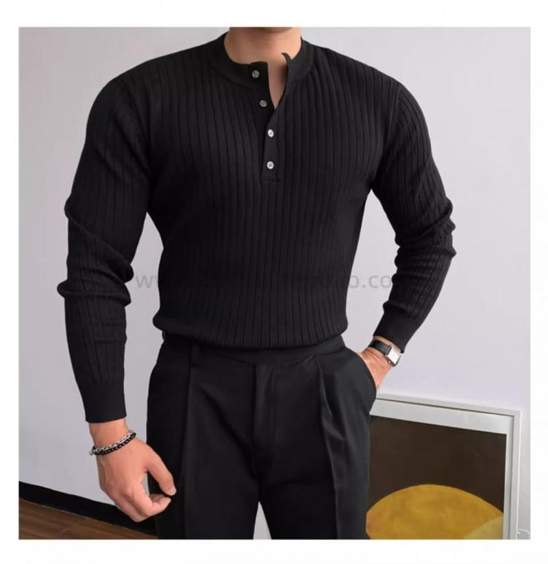 Maglione lavorato a maglia a maniche lunghe con colletto alla coreana in stile primaverile e autunnale, t-shirt slim fit versatile e alla moda, molto venduta per uomo_voghion.com