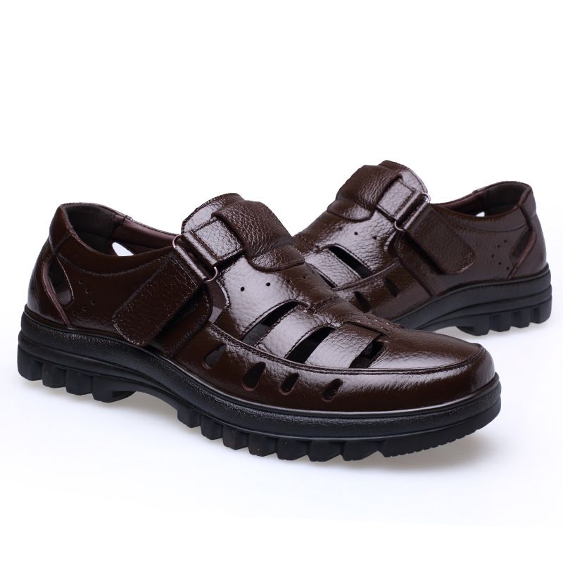 Sommer Herren Leder ausgehöhlt Atmungsaktive Freizeitschuhe mit Löchern Rutschfeste Ledersandalen für Väter mittleren Alters und ältere Menschen_voghion.com
