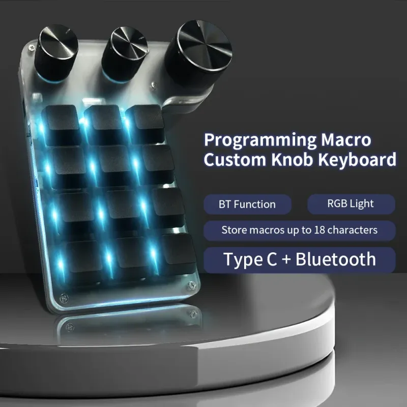 Mini tastiera Bluetooth con programmazione personalizzata, tastiera RGB a 3 manopole, 12 tasti, copia e incolla, tastiera da gioco Photoshop, meccanica, hotswap_voghion.com