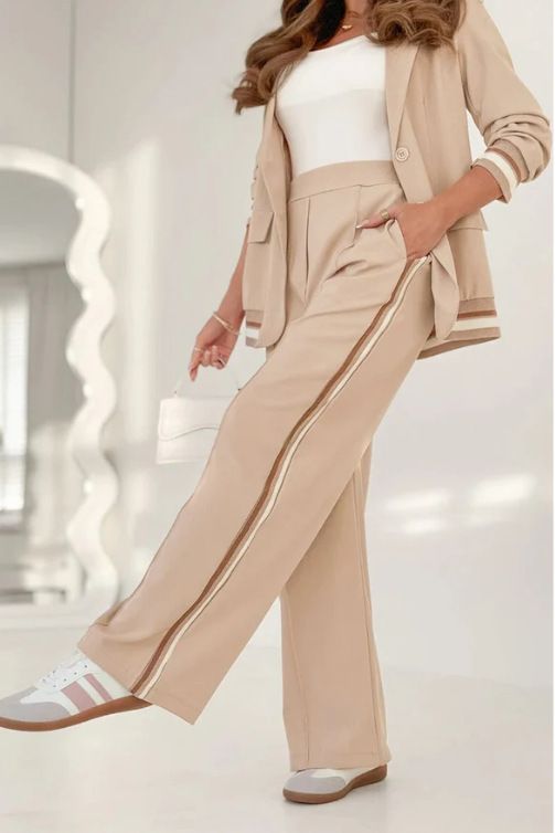 New Fashion Solid Color Ribbed Office Commuter 2-Piece Set - Stretchy Polyester Blend Women's Casual Suit With Pockets_voghion.com
