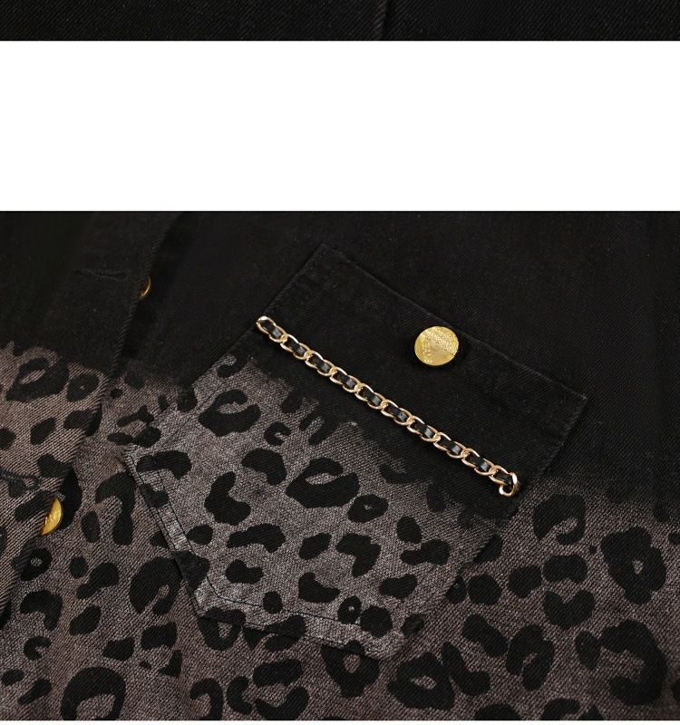 Giacca corta in denim con stampa leopardata sfumata da donna, design casual ampio, per primavera e autunno, top alla moda_voghion.com