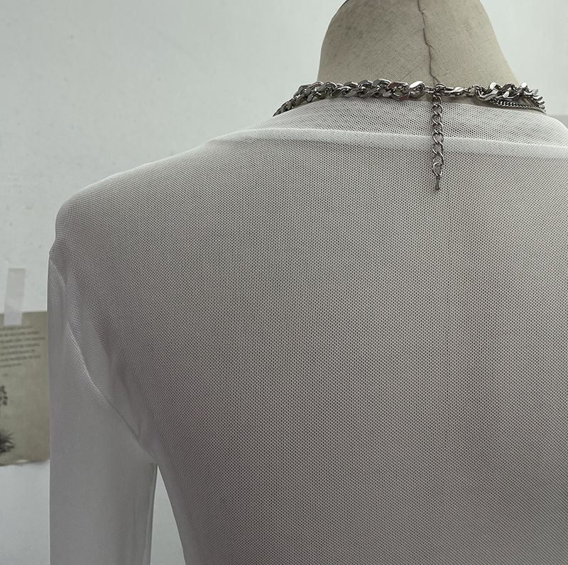 Damenbekleidung Mädchen Design Mesh Splicing Denim Top Langarm Bottoming Shirt Schlankes kurzes Nischen-T-Shirt_voghion.com