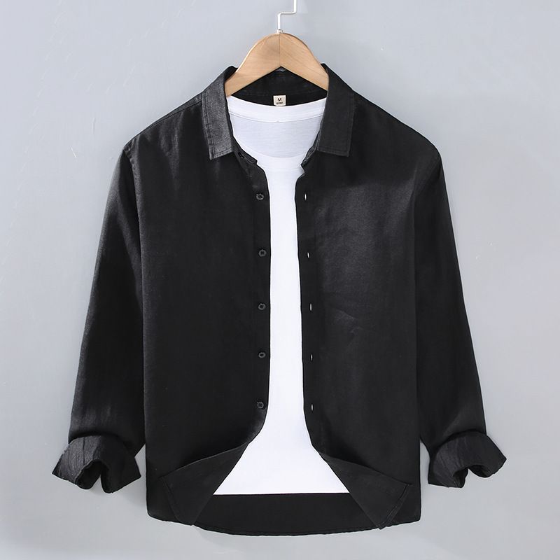 Camicia casual con risvolto da uomo in puro lino di alta qualità, primavera estate, stile oversize, ampia e versatile._voghion.com