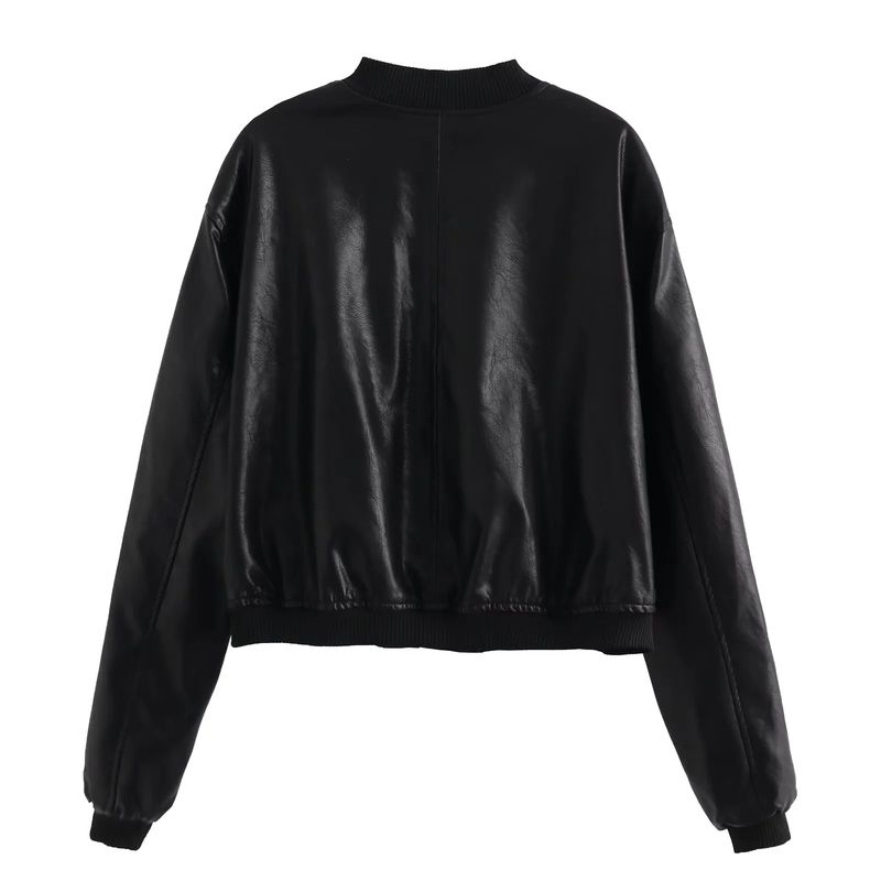 Damenbekleidung PU-Leder Streetwear Kurze Bomberjacke - Slim Fit Stehkragen Pilotenmantel für Männer & Frauen (Braun/Schwarz/Grau)_voghion.com