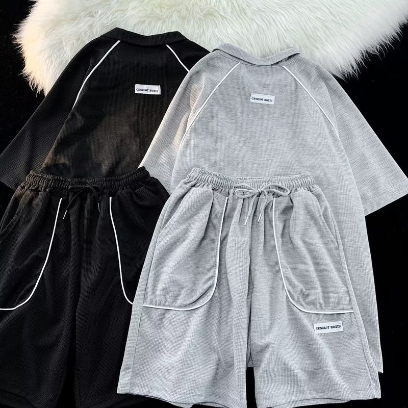 Erkek Giyim yeni küçük moda trendi net kırmızı tuz kızarmış sokak kazak iki parçalı takım_voghion.com