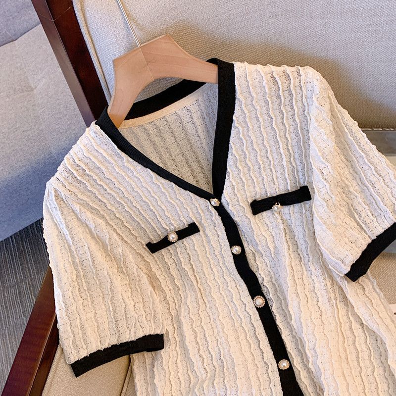 women's Clothing Fat Mm Summer Wear V-neck Jacquard Hollow Cardigan Top A-line Skirt Small Style Meat-covering Two-piece Suit_voghion.com