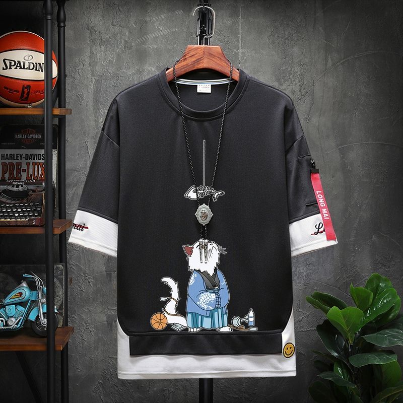 Summer printed short T-shirt, men's trendy brand loose fitting two-piece, quarter Instagram trend versatile half sleeved_voghion.com