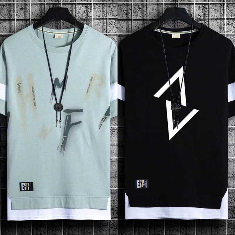 two-piece Short Trendy Brand Summer Casual Half Men's T-shirt Ice Silk Quick Drying 5/4 Medium Sleeved Clothes_voghion.com