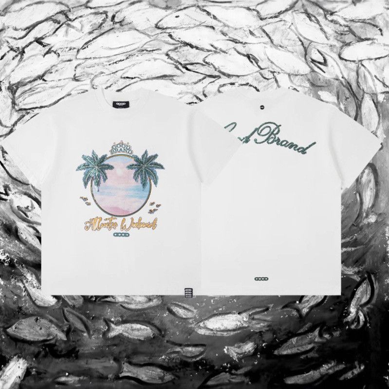 High Version GOODBRAND Mossy Earth 3D Island Coconut Grove Sequin Embroidery National Trend Unisex Short Sleeve T-Shirt_voghion.com