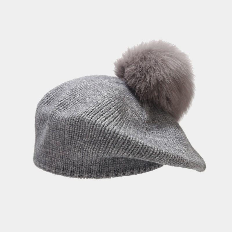 Hot Sale Women'S Elegant Removable Fox Fur Ball Berets Autumn Winter Warm Knitted Beanie Hats For Girls Solid Colour Elastic_voghion.com