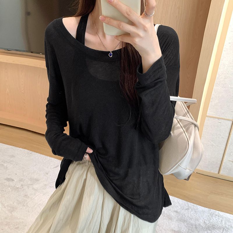 Lazy Relaxed Dünne Ärmellose Weste Langarm T-Shirt Zweiteiliges Set Für Frauen 2025 Frühen Herbst Neue Sonnenschutz_voghion.com