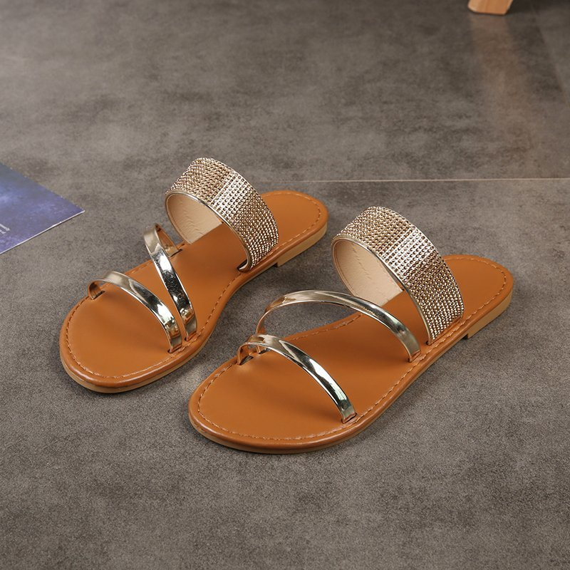 Pantofi de damă cu fund plat, sandale și papuci de plajă casual cu strasuri, pentru femei_voghion.com