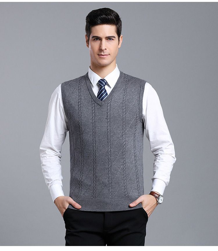 Men's Wool Blend Knit Vest, Solid Color Cable V-Neck Sleeveless Pullover, Casual Layering Piece For Autumn_voghion.com