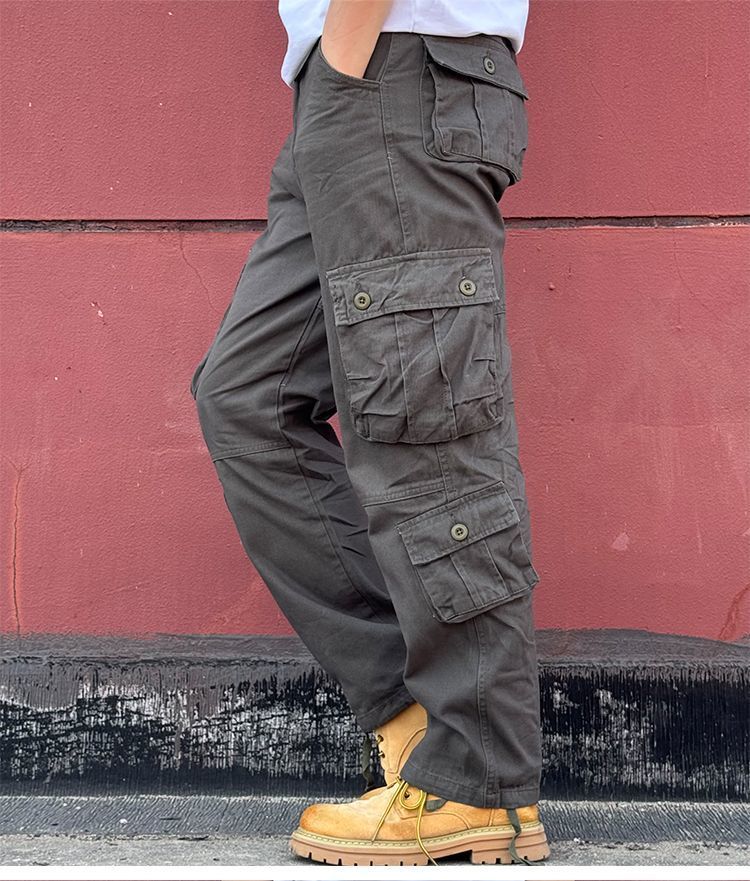 Pantalones cargo multibolsillos para exteriores para hombre, de algodón puro, informales, resistentes al desgaste, para trabajo, protección laboral, talla grande, holgados, rectos, largos._voghion.com