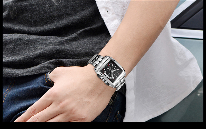 MEGIR Men's Square Watch With Stainless Steel Band, Luminous, Waterproof, Multifunction Sports Watch With Calendar_voghion.com