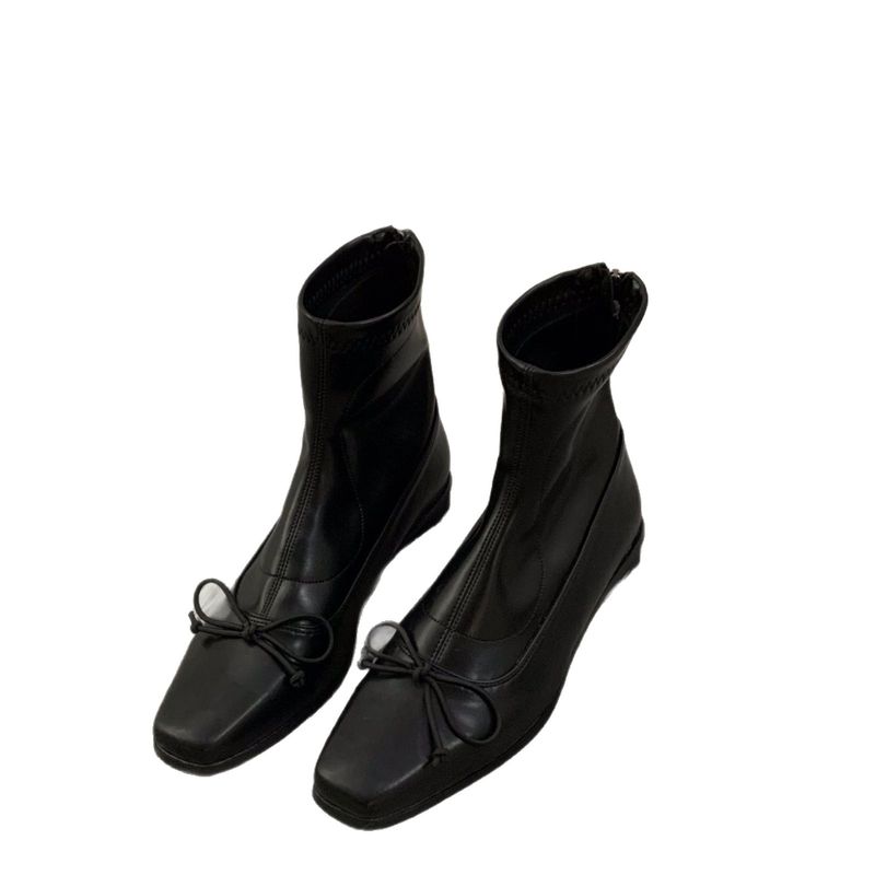 Schmetterlingsknoten Elastic Slim 2025 Herbst Square Toe Chunky Heel Short für Frauen Zurück Zipper Slimming Martin Stiefel_voghion.com