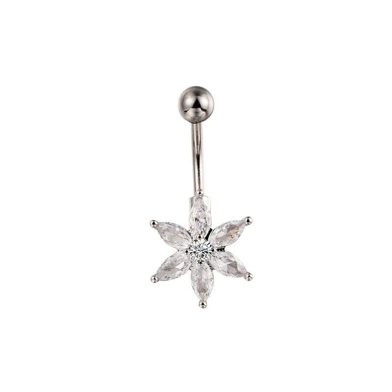 Anello per ombelico a forma di fiocco di neve con fiore portafortuna - Gioiello per piercing con diamanti (ipoallergenico, design alla moda)_voghion.com