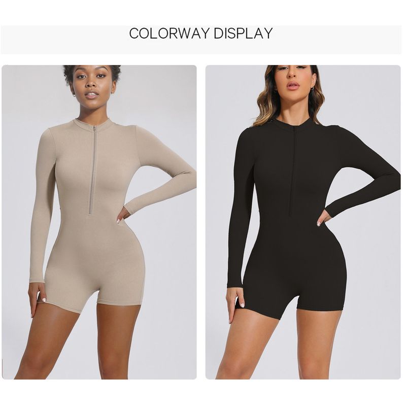 European And American Open Collar Zipper Long Sleeve Jumpsuit Dance Fitness Sports One-piece Bodysuit Sexy Tight-fitting_voghion.com