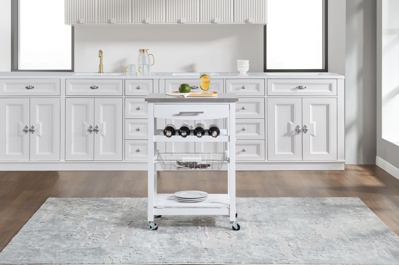 Mobile Rolling Kitchen Island Trolley Serving Cart With Underneath Drawer & Slide-Out Wire Storage Basket_voghion.com