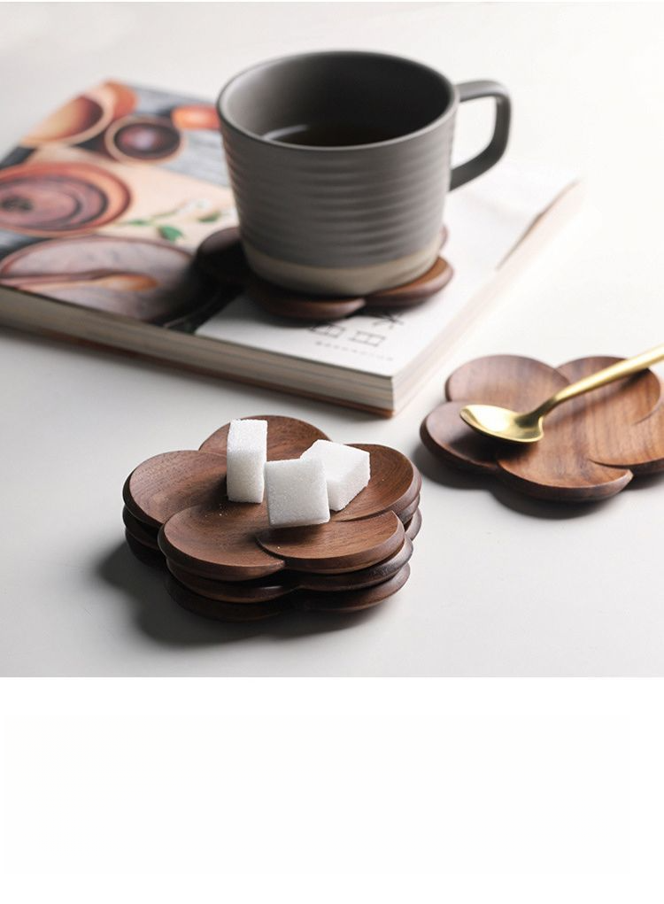Sottobicchiere per tazza personalizzato in legno massello di noce nero, creativo, motivo petalo Kung Fu, resistente al calore, per tè, acqua e caffè_voghion.com