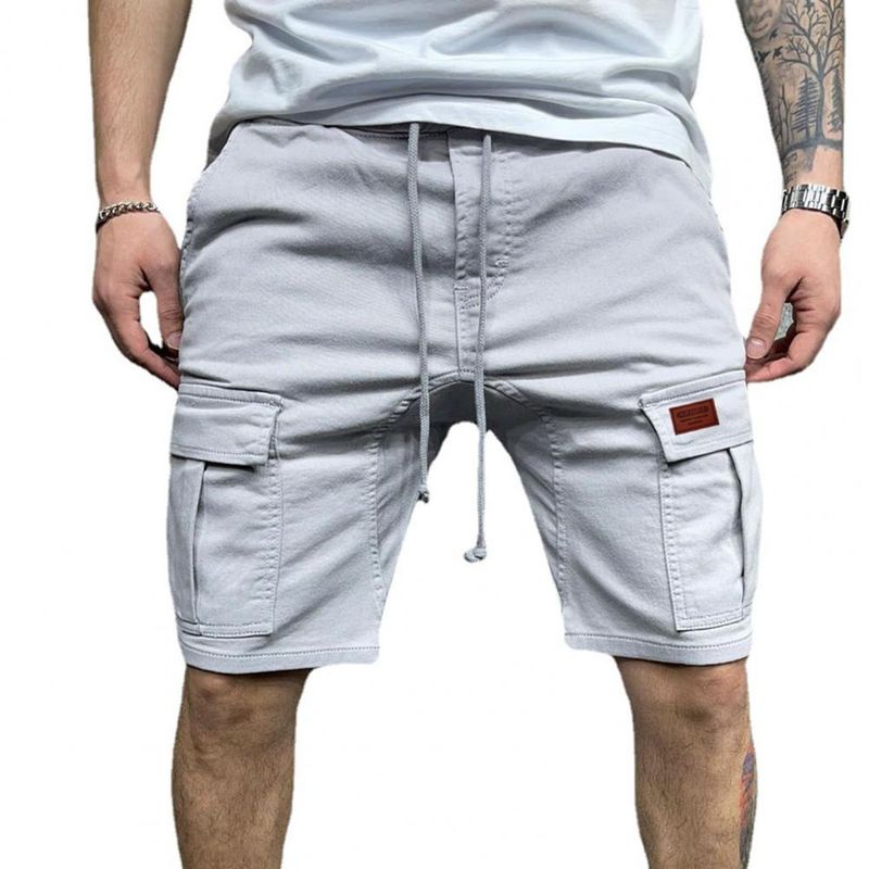 Calça cargo masculina casual de verão com vários bolsos, de cor sólida, com cordão, na altura do joelho, curta masculina_voghion.com