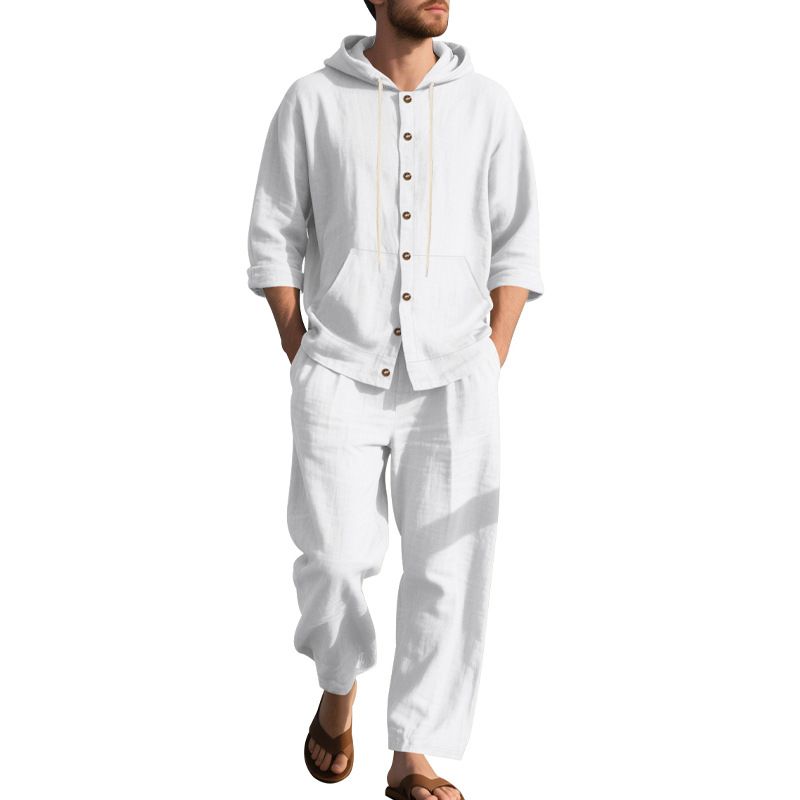 Camicia con cappuccio e pantaloni lunghi larghi in lino da uomo in stile americano, stile primaverile e autunnale, casual da spiaggia_voghion.com