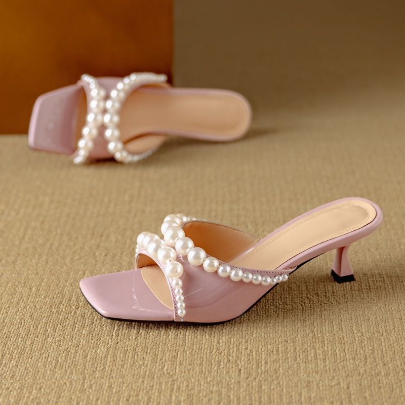 Damesschoenen Zomer Schapenvacht Feeënstijl Vierkante Kop Open Teen Buitenpantoffels Een Lijn Temperament Stiletto Sandalen 40 Grote Maat_voghion.com