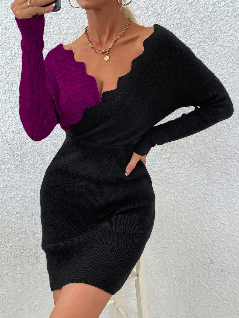 Vêtements pour femmes, pull, col en v, manches chauve-souris ondulées, robe tricotée_voghion.com