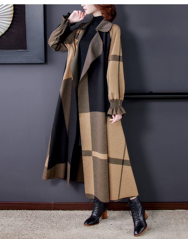 Women's Ethnic Style Large Size breakerLiterary Temperament Suit Collar Mid-Length Thin Plaid Woolen Jacket_voghion.com