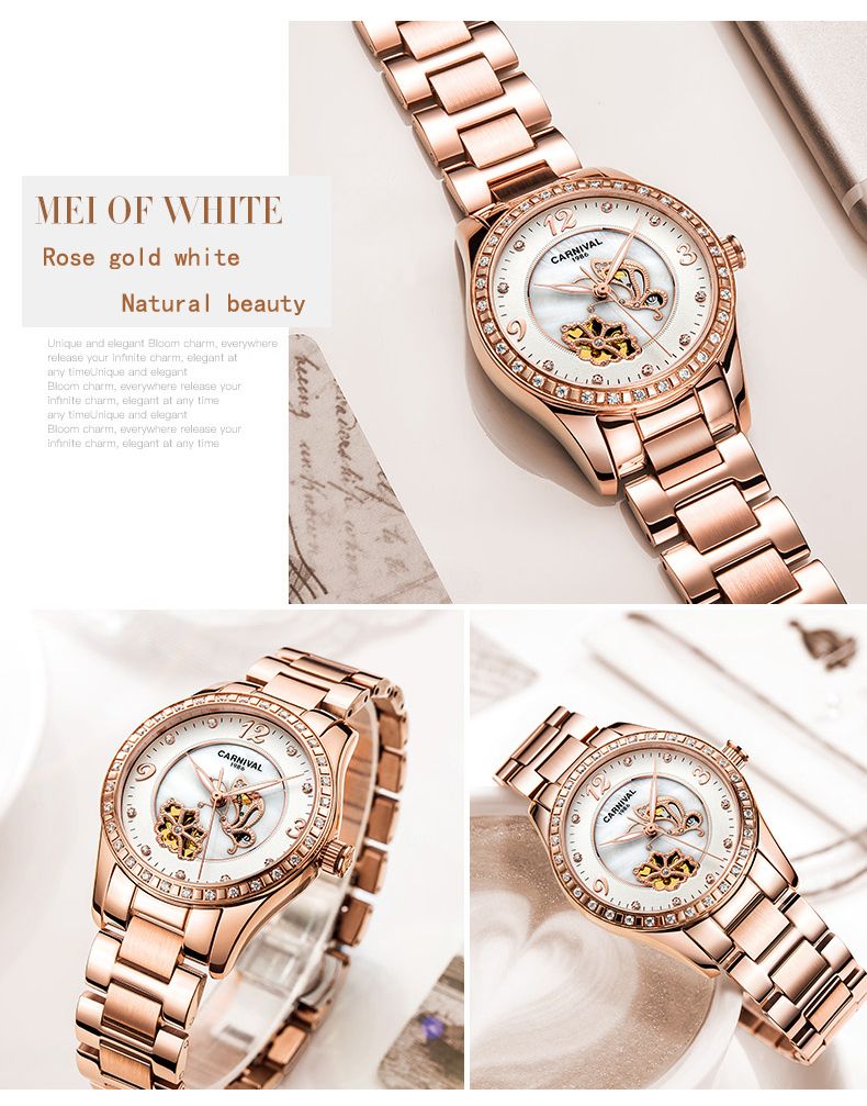 Carnival Marke Mode Mechanische Uhr Für Frauen Luxus Edelstahl Rose Gold Armband Skeleton Damen Uhren Reloj Mujer_voghion.com