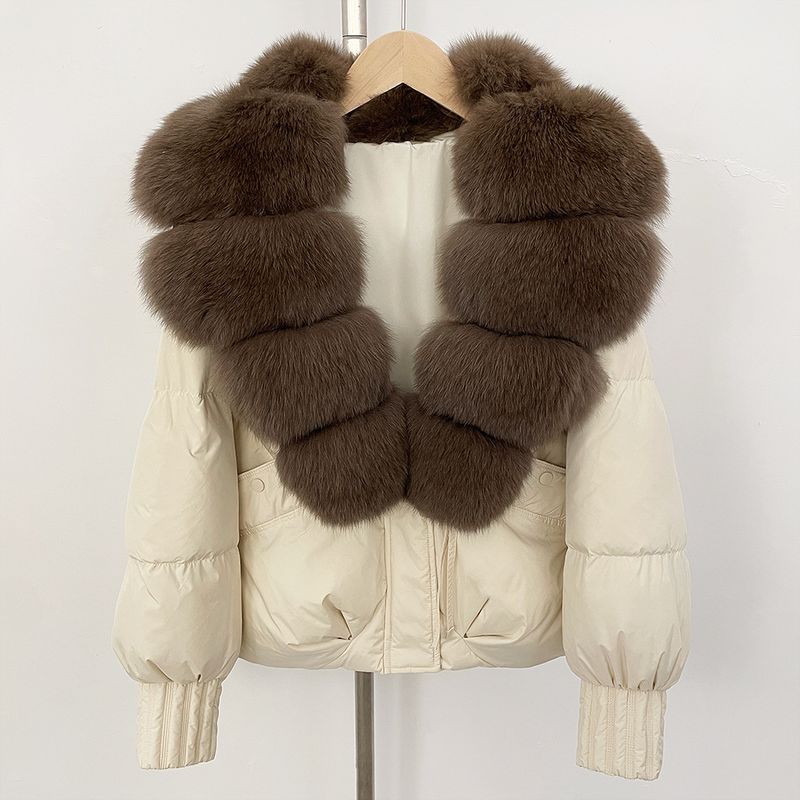 Luxury Oversized Fox Fur Trim Short Down Jacket For Women - Winter Warm Coat With Detachable Hood, 90% White Duck Down, Loose Fit, Stylish_voghion.com