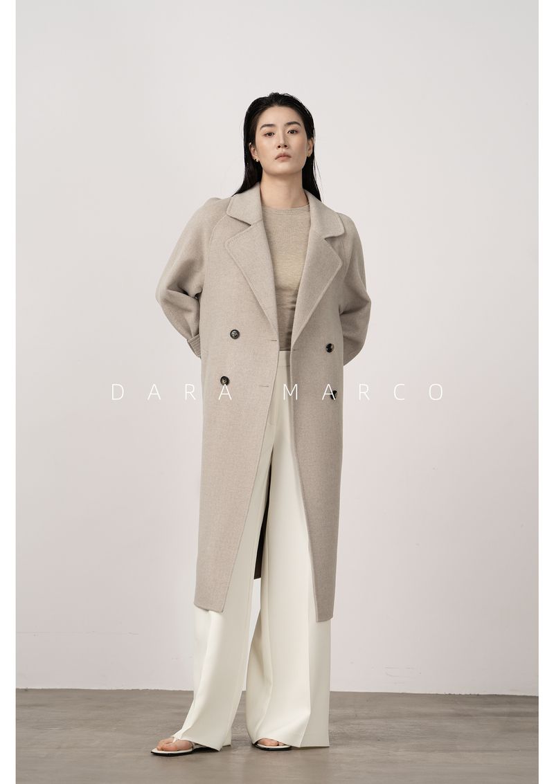Trench double-face di lusso in misto cashmere e seta per donna – Elegante design con spalle scese, cappotto lungo aderente con drappeggio lusinghiero_voghion.com
