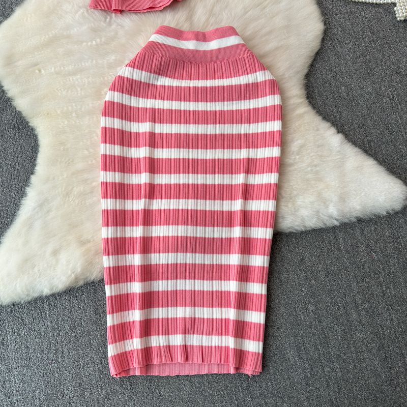 Women's Clothing Contrast Color Striped Ice Silk Knitted Suit 2024 Summer V-neck Sling Hip Skirt Two-piece Suit_voghion.com