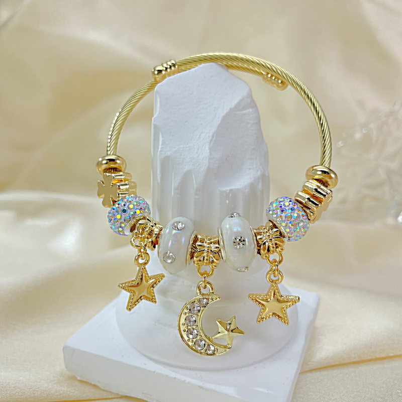 European and American Fashion Versatile DIY Wire Ring Bracelet Personalized Star Moon Pendant Gold Open Titanium Steel Bracelet for Women_voghion.com
