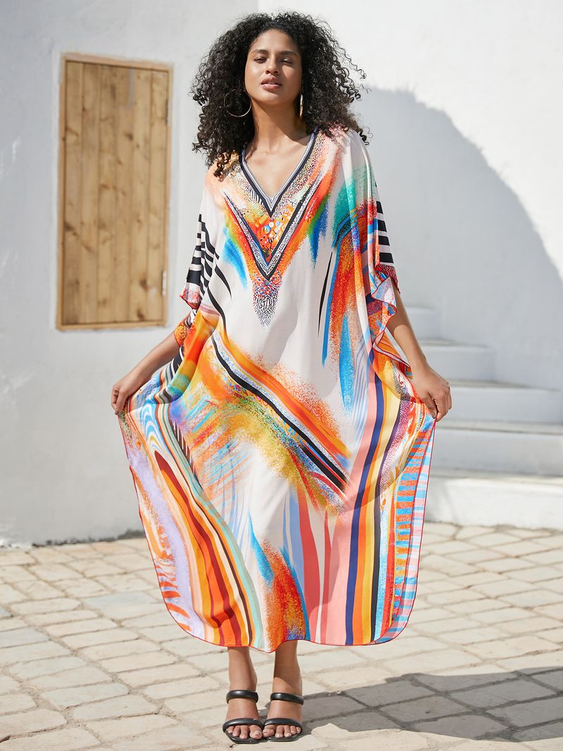 Sukienka maxi z nadrukiem w stylu boho, damska, narzutka z wiskozy – zwiewna tunika plażowa z etnicznymi wzorami, luźny krój w dużych rozmiarach, narzutka na bikini, strój na wakacje_voghion.com