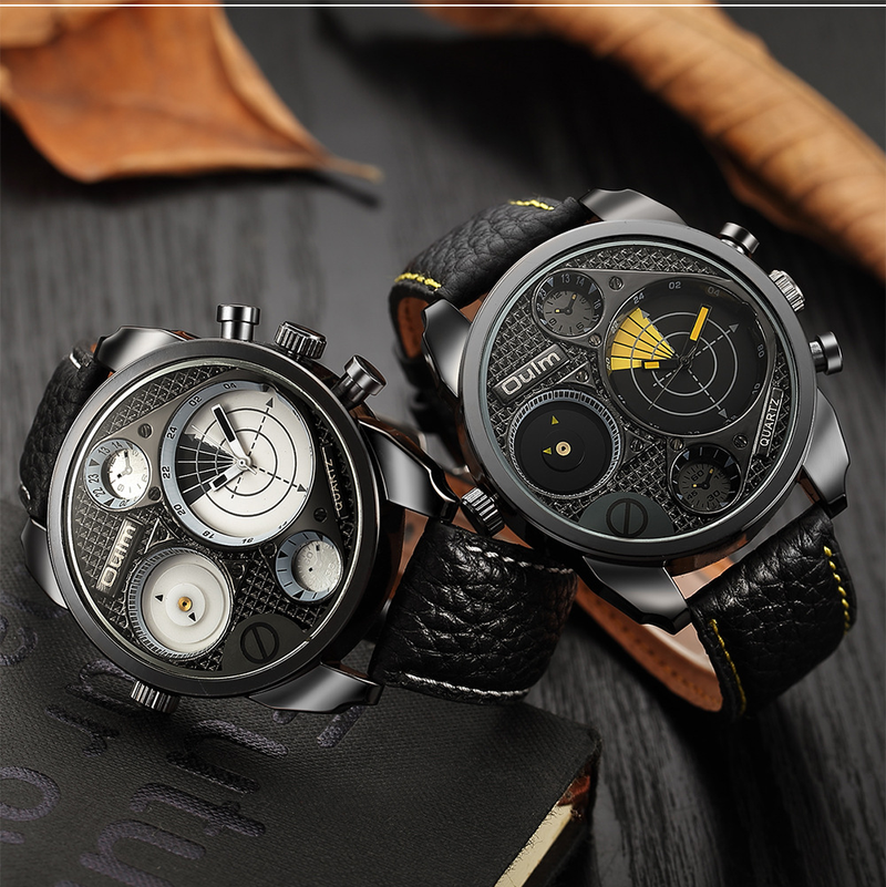 Stilvolle Herren-Quarzuhr mit großem Zifferblatt, zwei Zeitzonen und echtem Lederarmband – GMT-Funktionalität für Weltreisende GTM Two Time_voghion.com