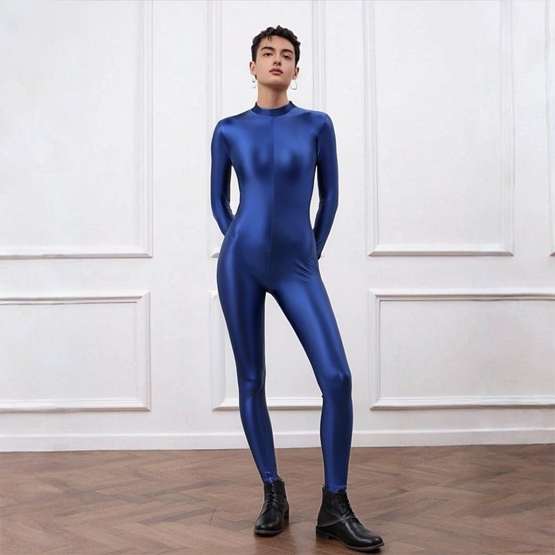 Leggings sportivi modellanti lucidi elastici con cerniera, manica lunga, body intero lucido e liscio_voghion.com