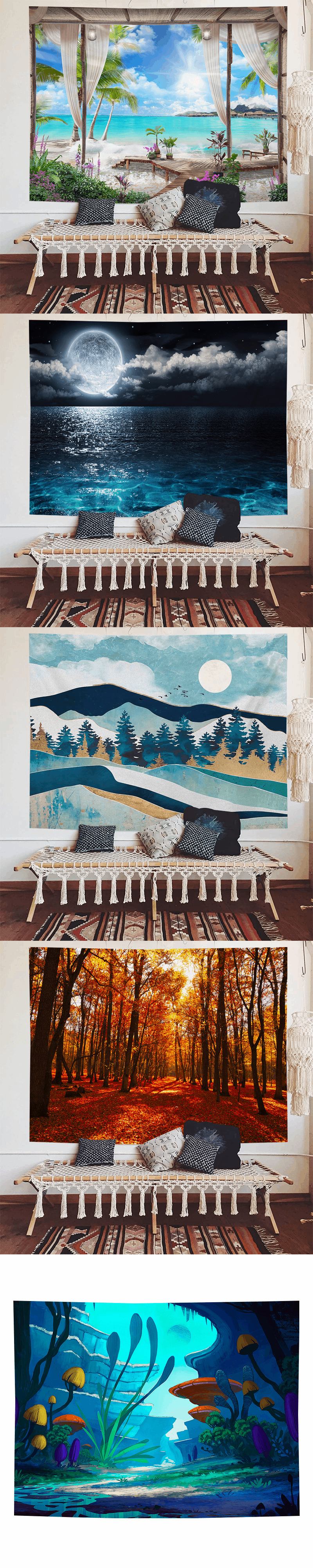 Sea view decorative fabric, dormitory home wallpaper, ins live broadcast background tapestry, psychedelic forest_voghion.com