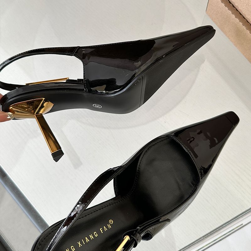 New In 2024 High Heel Strap Buckle Pointed Toe Slingback Fashion Heels Metal Shoes With Décolleté For Women_voghion.com