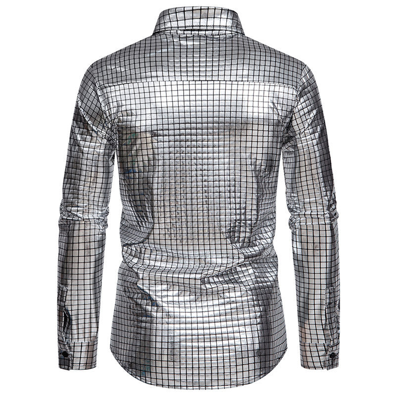 2024 Spring/Summer New Checkered Gold Stamped Print Stage Performance Dress European Size Men's Long Sleeved Shirt_voghion.com