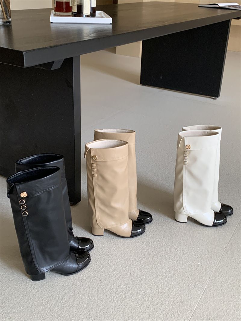 Women's Chunky Heel Round Toe Knee High Riding Boots In Black, White & Beige - Classic Style Slip-On Boots For All Seasons Khaki Long Boots_voghion.com